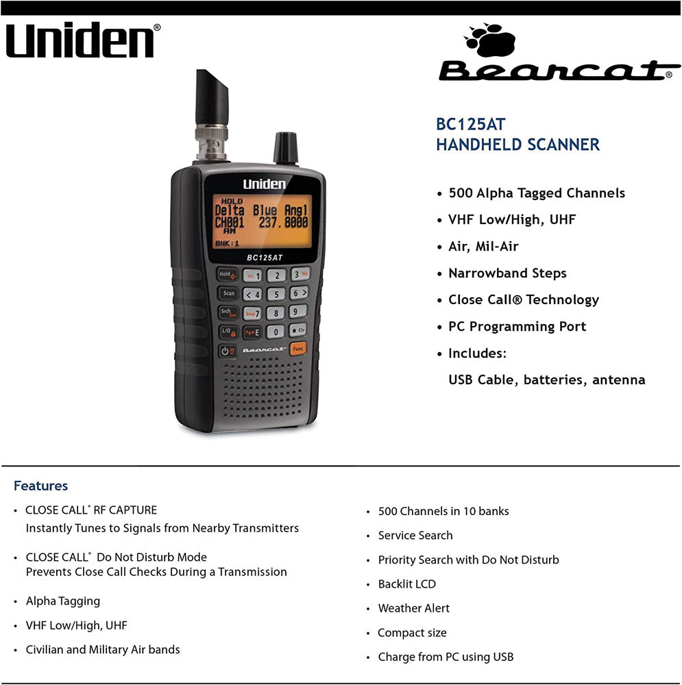 Uniden BC125AT 500-Channels Handheld Scanner With Alpha LCD Display