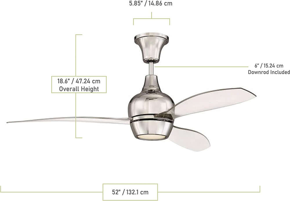 Craftmade BRD52PLN3 Bordeaux 52in Ceiling Fan with LED Light and Wall Control, Polished Nickel