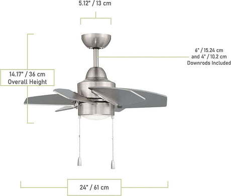 Craftmade PPT24BNK6 Propel II 24in Indoor/Outdoor Small Ceiling Fan with LED Lights and Pull Chain, Nickel