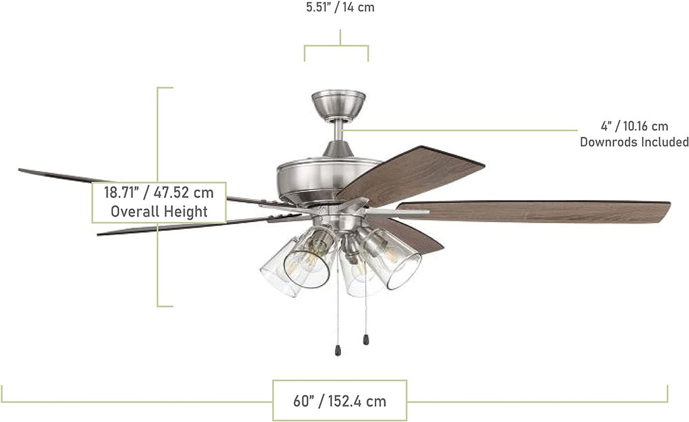 Craftmade S104BNK5-60DWGWN Super Pro 60" Ceiling Fan, Brushed Polished Nickel