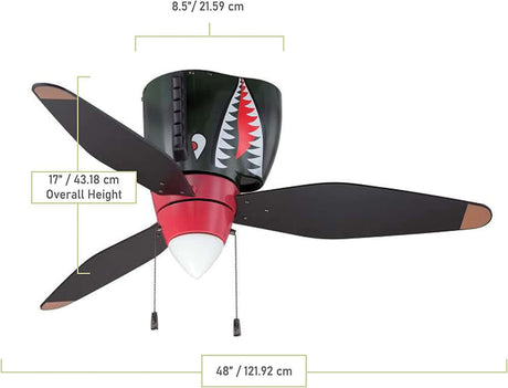 Craftmade WB348TS3 Kids 48in Ceiling Fan with Light and 3 Blades, Tiger Shark Warplane