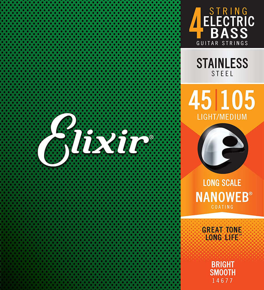 Elixir 14677 Stainless Steel 4-String Bass Strings, Long Scale, Light/Medium