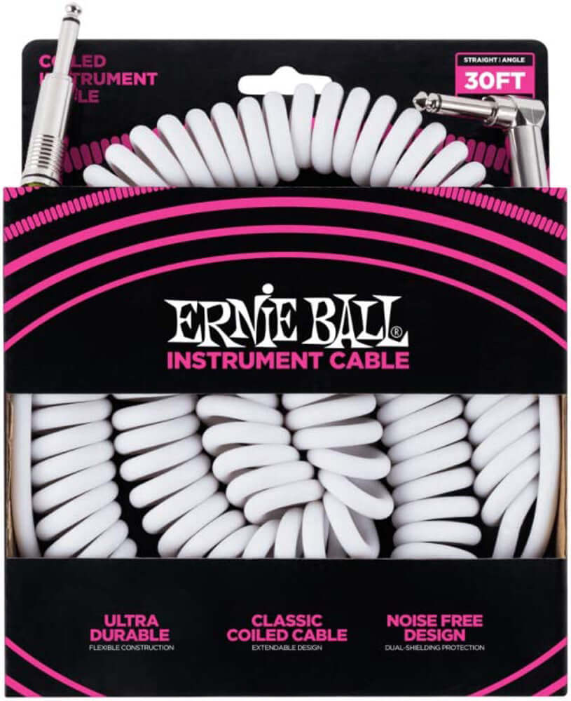 Ernie Ball P06045 Coiled Instrument Cable, Straight/Angle, 30ft, White