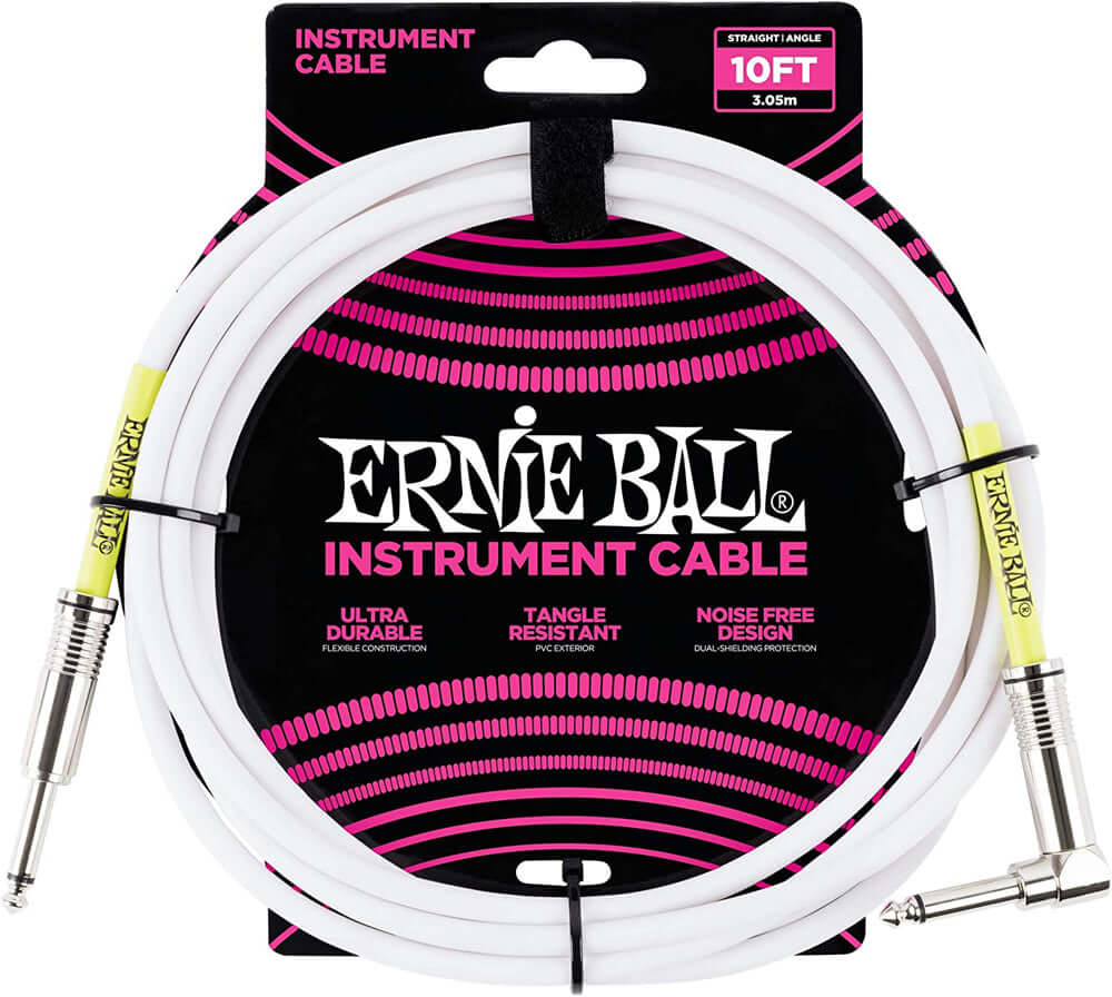 Ernie Ball P06049 Instrument Cable, Straight/Angle, 10ft, White