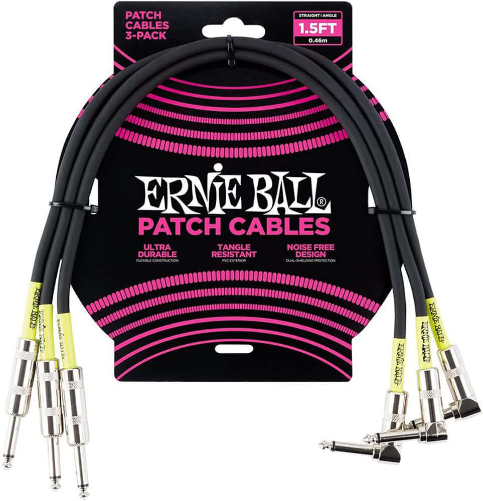 Ernie Ball P06076 Patch Cable 3-Pack, Straight/Angle, 1.5ft, Black