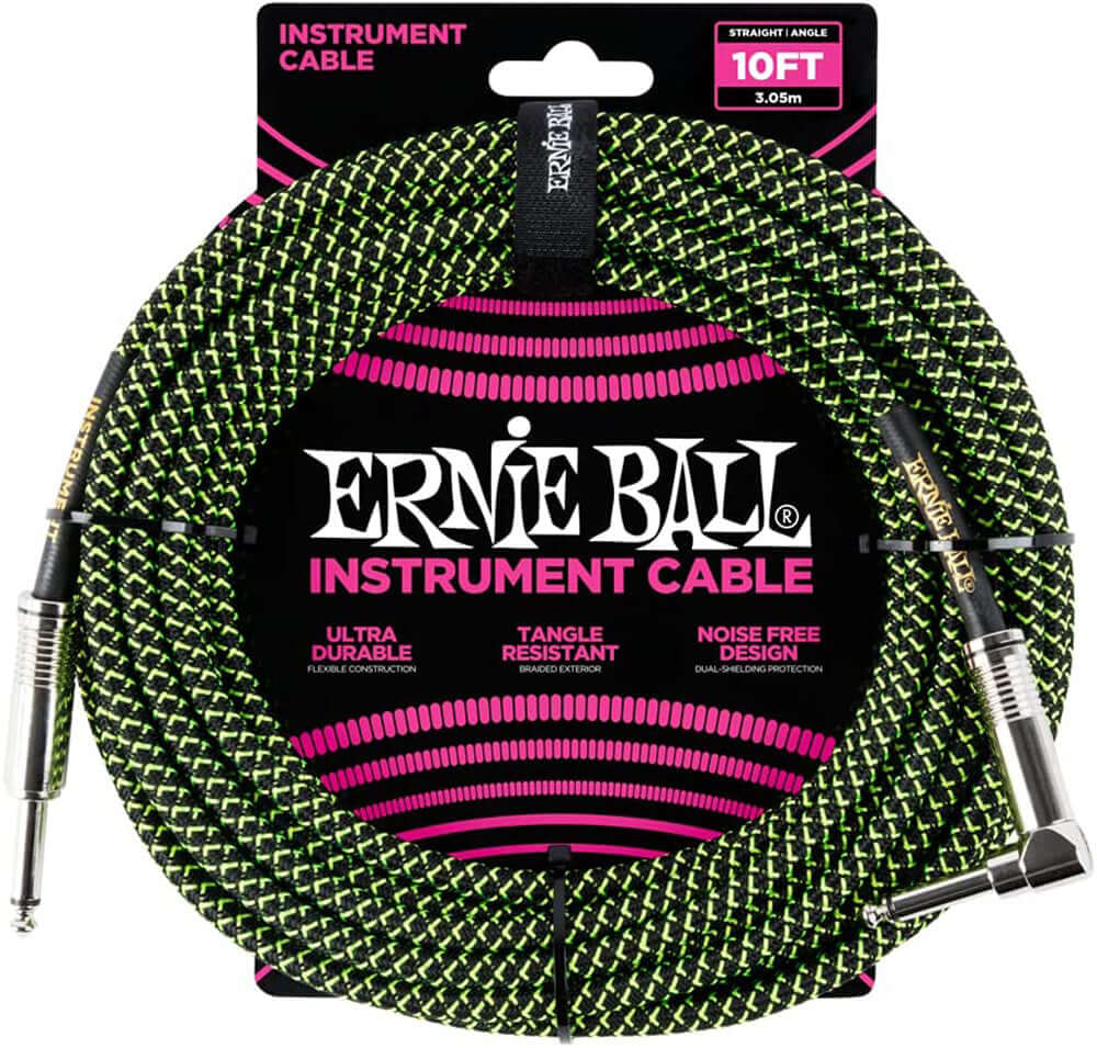 Ernie Ball P06077 Braided Instrument Cable, Straight/Angle, 10ft, Neon Green/Black