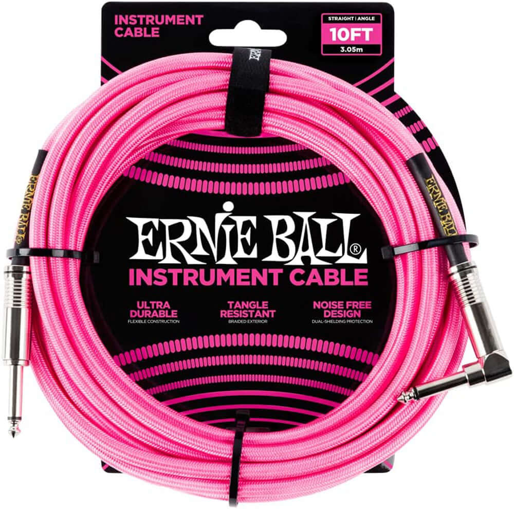 Ernie Ball P06078 Braided Instrument Cable, Straight/Angle, 10ft, Neon Pink