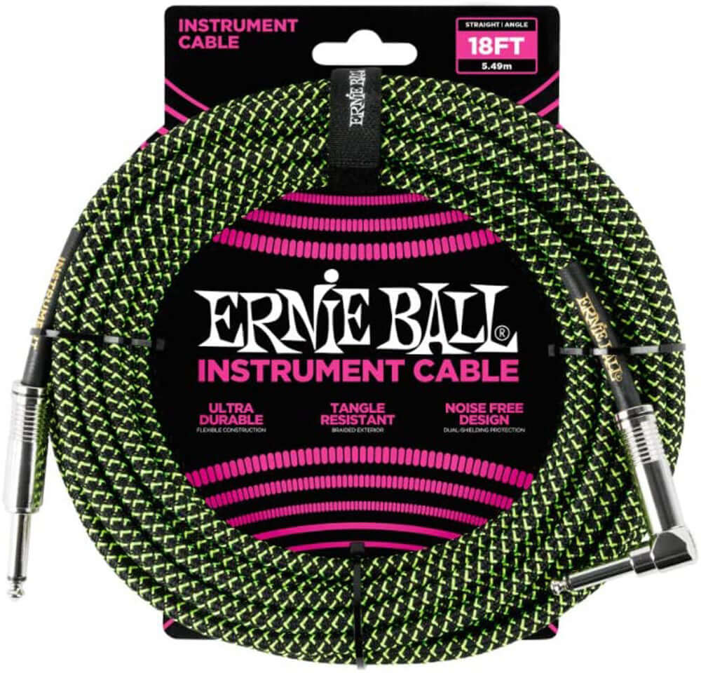 Ernie Ball P06082 Braided Instrument Cable, Straight/Angle, 18ft, Neon Green/Black