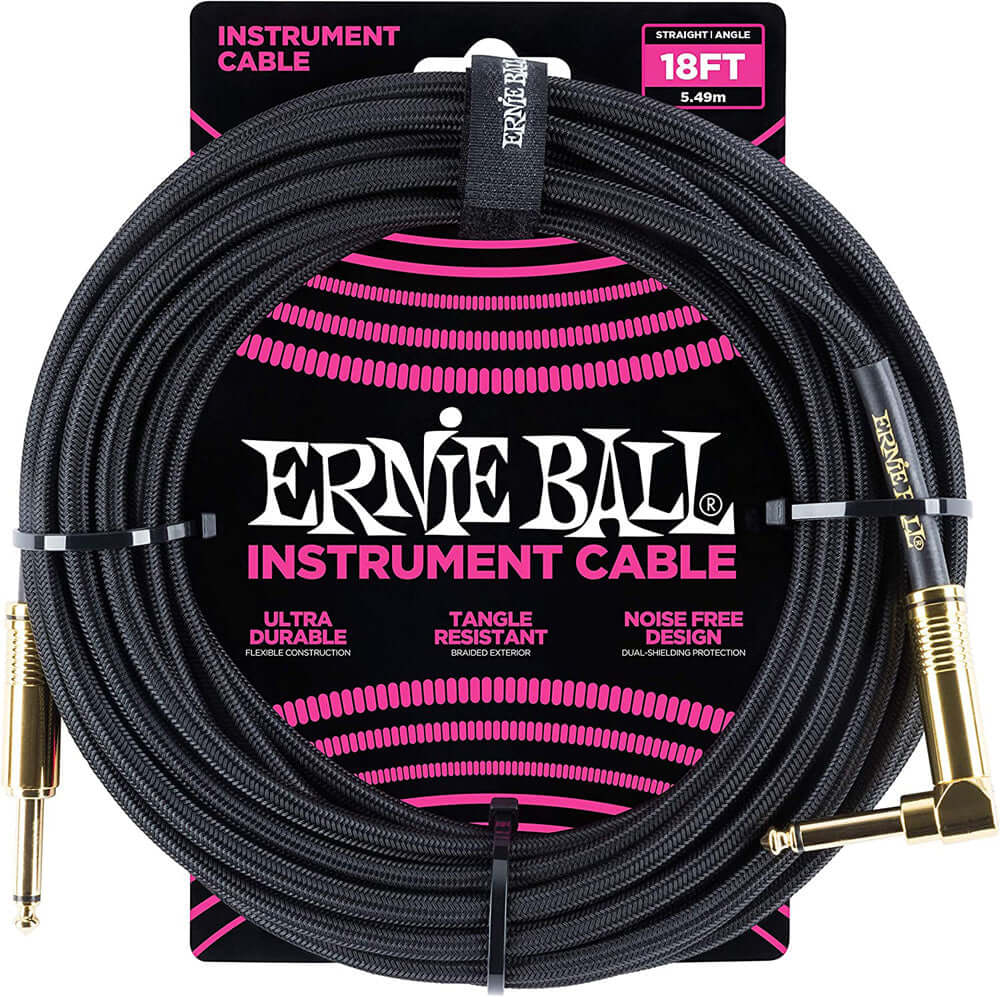 Ernie Ball P06086 Braided Instrument Cable, Straight/Angle, 18ft, Black