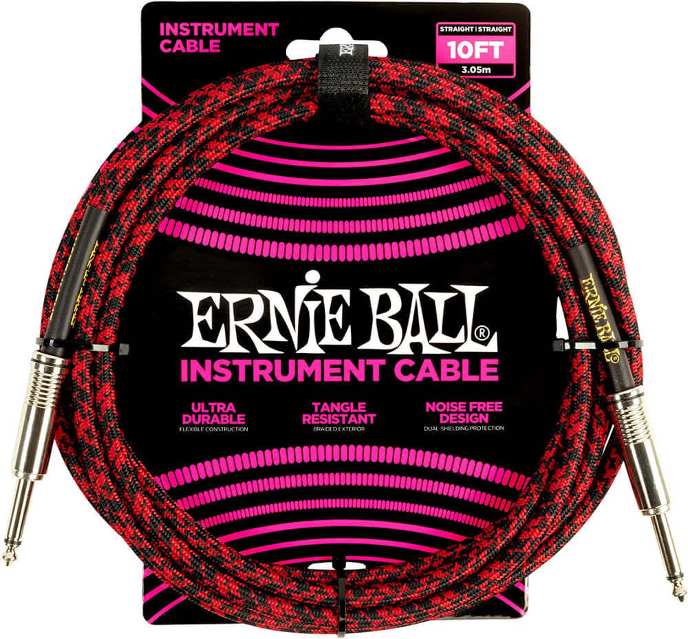 Ernie Ball P06394 Braided Instrument Cable, Straight Straight, 10ft, Red/Black