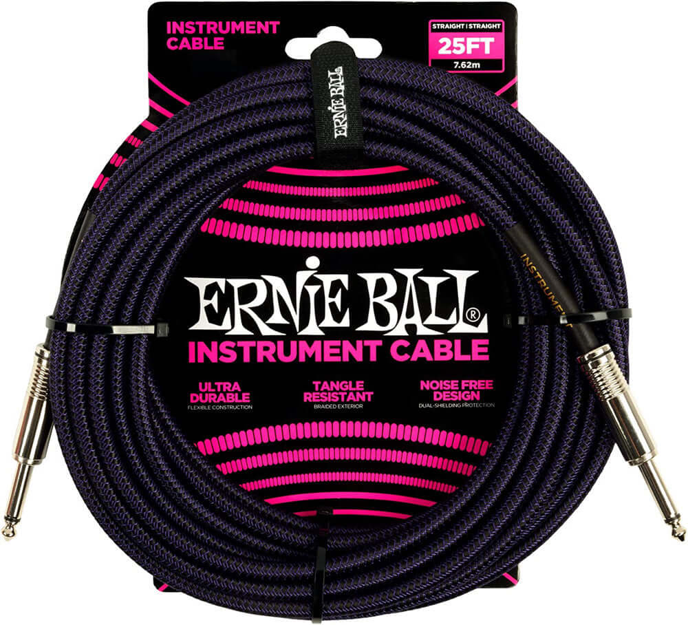 Ernie Ball P06397 Braided Instrument Cable, Straight Straight, 25ft, Purple/Black