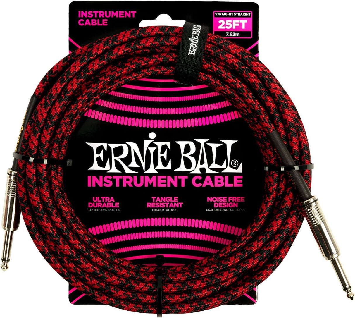 Ernie Ball P06398 Braided Instrument Cable, Straight Straight, 25ft, Red/Black