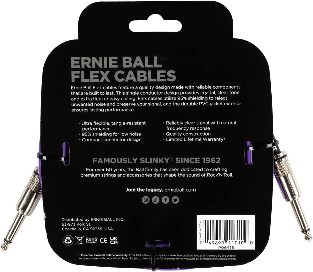 Ernie Ball P06415 Flex Instrument Cable Straight/Straight 10ft, Purple