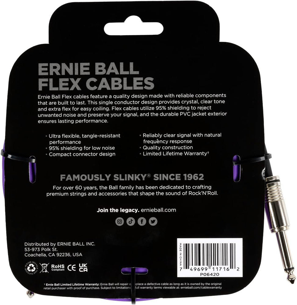 Ernie Ball P06420 Flex Instrument Cable Straight/Straight 20ft, Purple